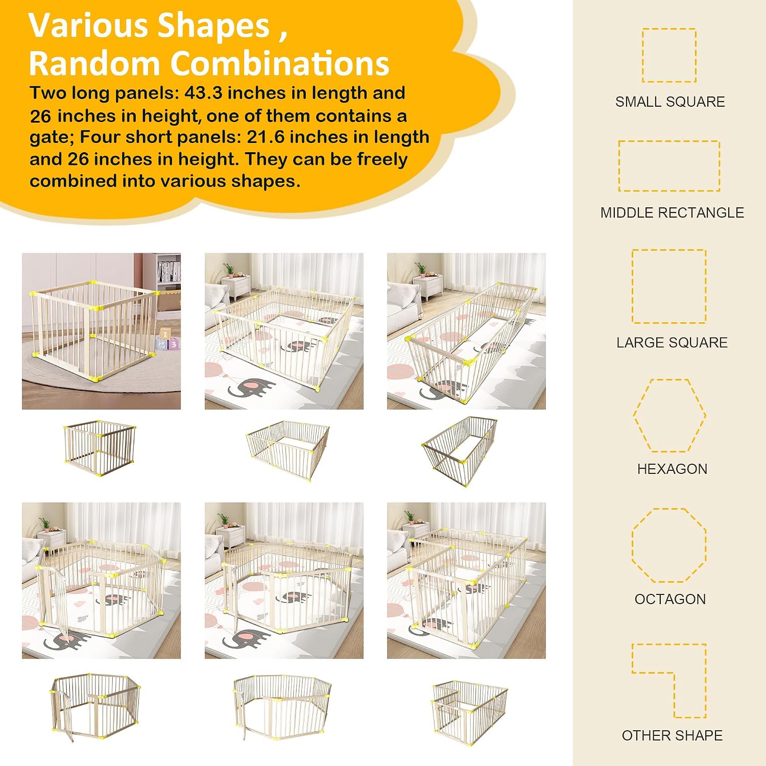 Natural Wood Baby Playpen with Gate & Anti-Slip Base, Large Safety Play Fence for Babies & Toddlers, Portable 6 Panel Kids Activity Center, 26" Tall Indoor Play Yard