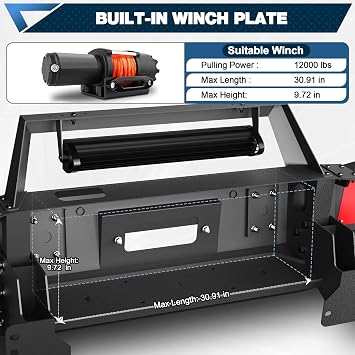 Front Bumper for Toyota Sequoia 2011 2012 2013 2014 2015 2016, Textured Black Stainless Steel Pickup Bumper with Winch Plate, 144W Long Light Bar, 4x18W Square Lights and D-rings