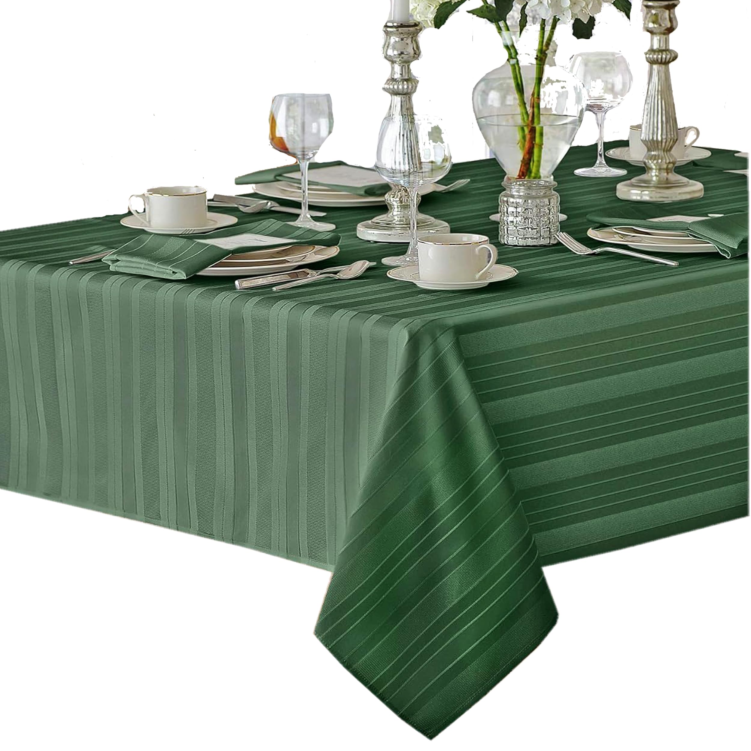 Newbridge Hunter Green Satin Stripe Fabric Tablecloth, 60 x 102 Inch Rectangle, Elegant Woven Stripe, Wrinkle Resistant Reusable Polyester Table Cover