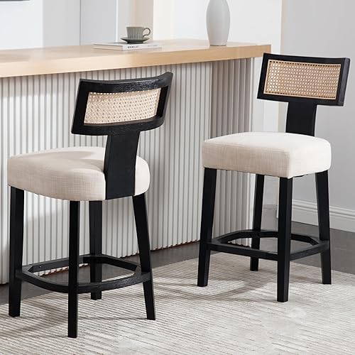 Miniatura 54 de Juego de 2 taburetes de bar de ratán de 26 pulgadas, taburetes de bar de altura de mostrador, taburetes de cocina modernos con respaldo tejido de