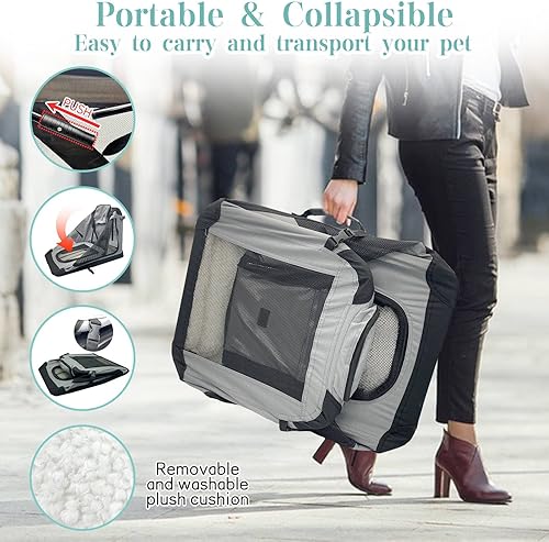 Miniatura 5 de Fhiny Large Cat Carrier for 2 Cats, 24"x17"x17" Soft Dog Crate Collapsible Portable Travel Pet Carrier Bag Durable Breathable Foldable Kitten Gris