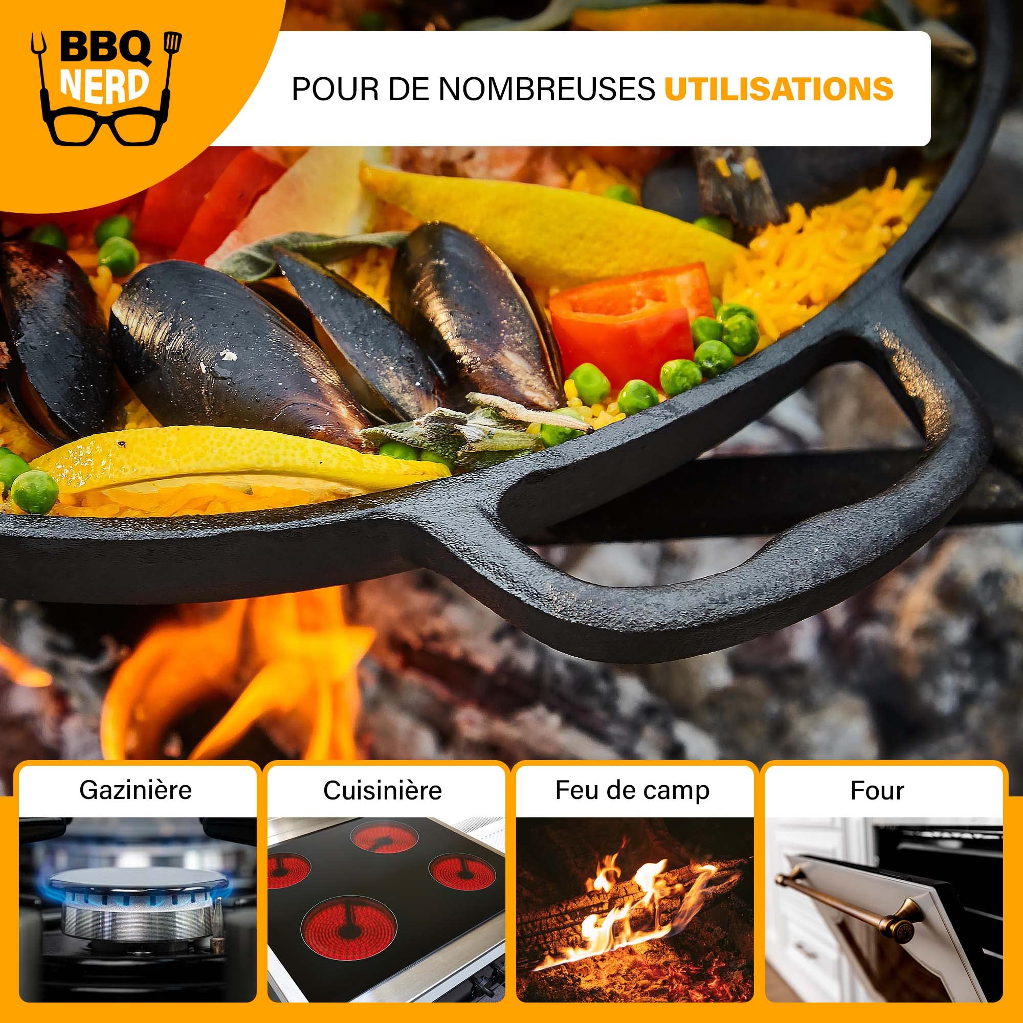 Poêle à paella en fonte Ø 36 cm (6 personnes) Poêle antiadhésive avec fond plat pour paella espagnole traditionnelle - Poêle en fonte pour barbecue - Induction