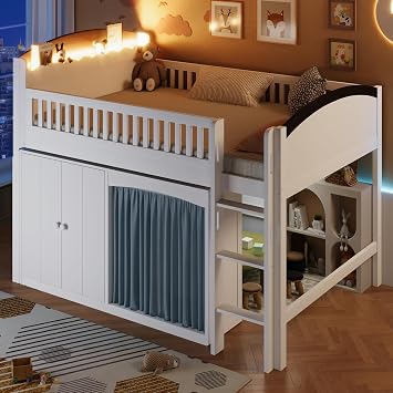 Quarte Full Size Loft Bed with Storage Cabinet, Wardrobe and LED, No Box Spring Needed Space-Saving Kids & Teens Loft Bed White+Wardrobe