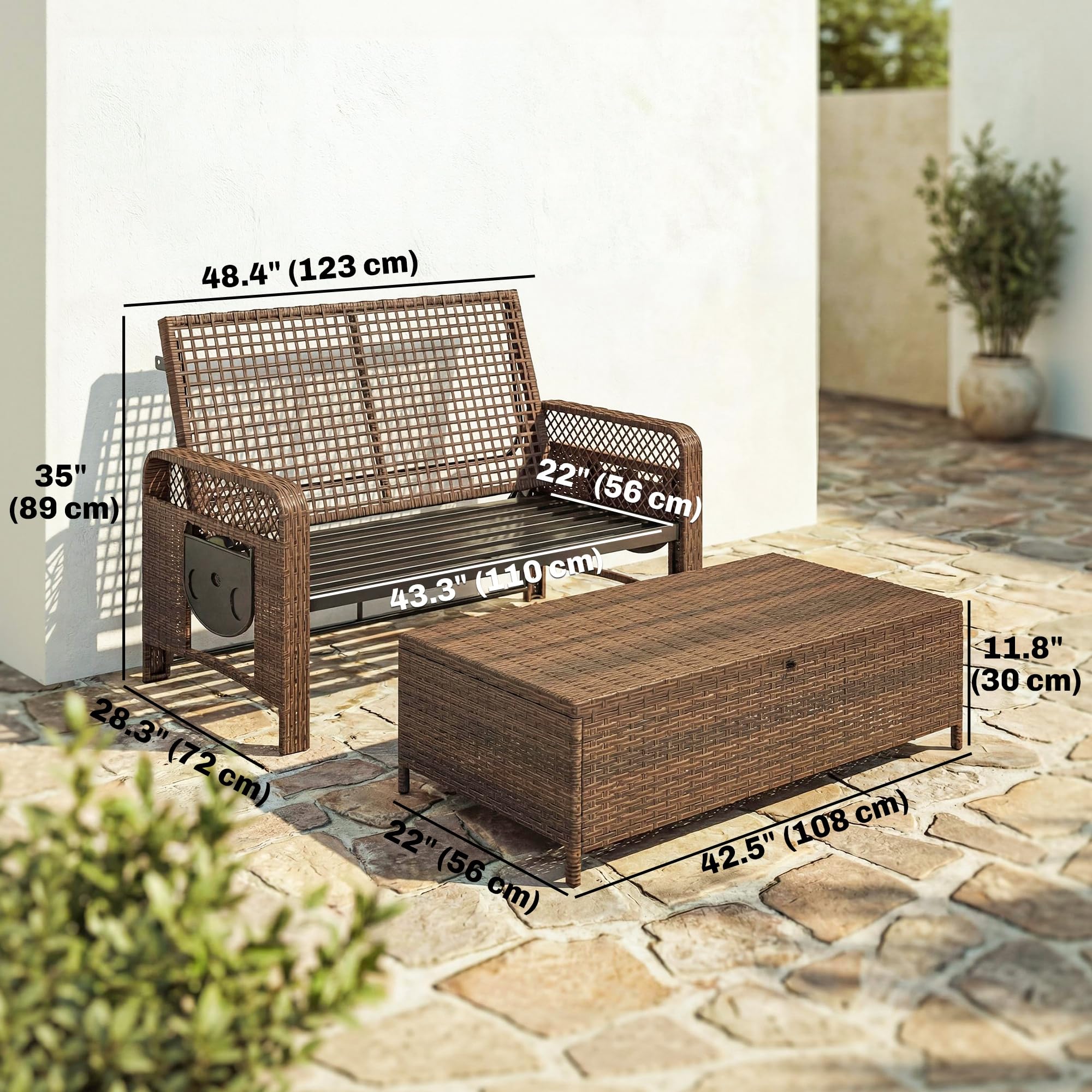 Outsunny 2 Pieces Patio Lounge Chair Set with Cushions, PE Wicker Outdoor Chaise Lounge with Adjustable Backrest, Side Trays and Storage Ottoman, Tanning Chair, Cream White - 2
