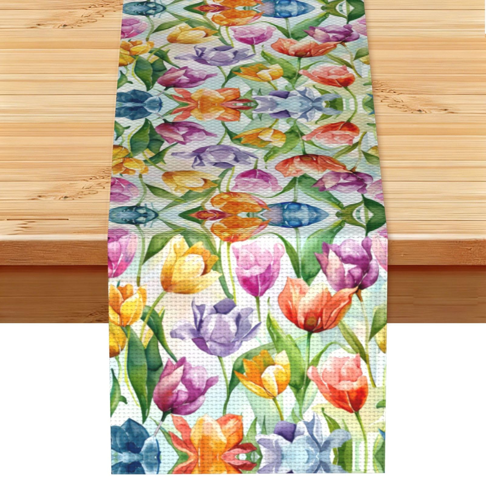 Bright Purple Orange Tulips Printed Table Runner 13 x 72, Wrinkle Resistant Decor for Dining Table Coffee Table Fireplace
