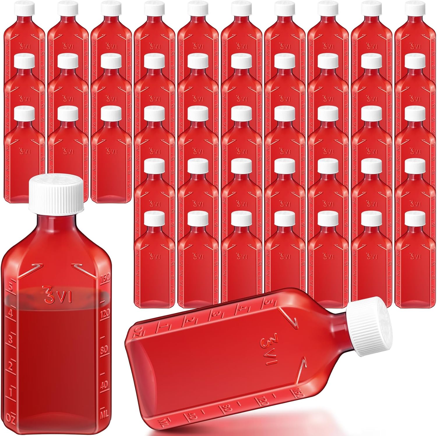 Reallnaive 50 Pcs 6 oz Amber Liquid Medicine Bottle Oval Plastic Pharmaceutical Prescription Dispensing Bottles with Lids Medicine Travel Container Child Resistant Caps Bottle Adapter