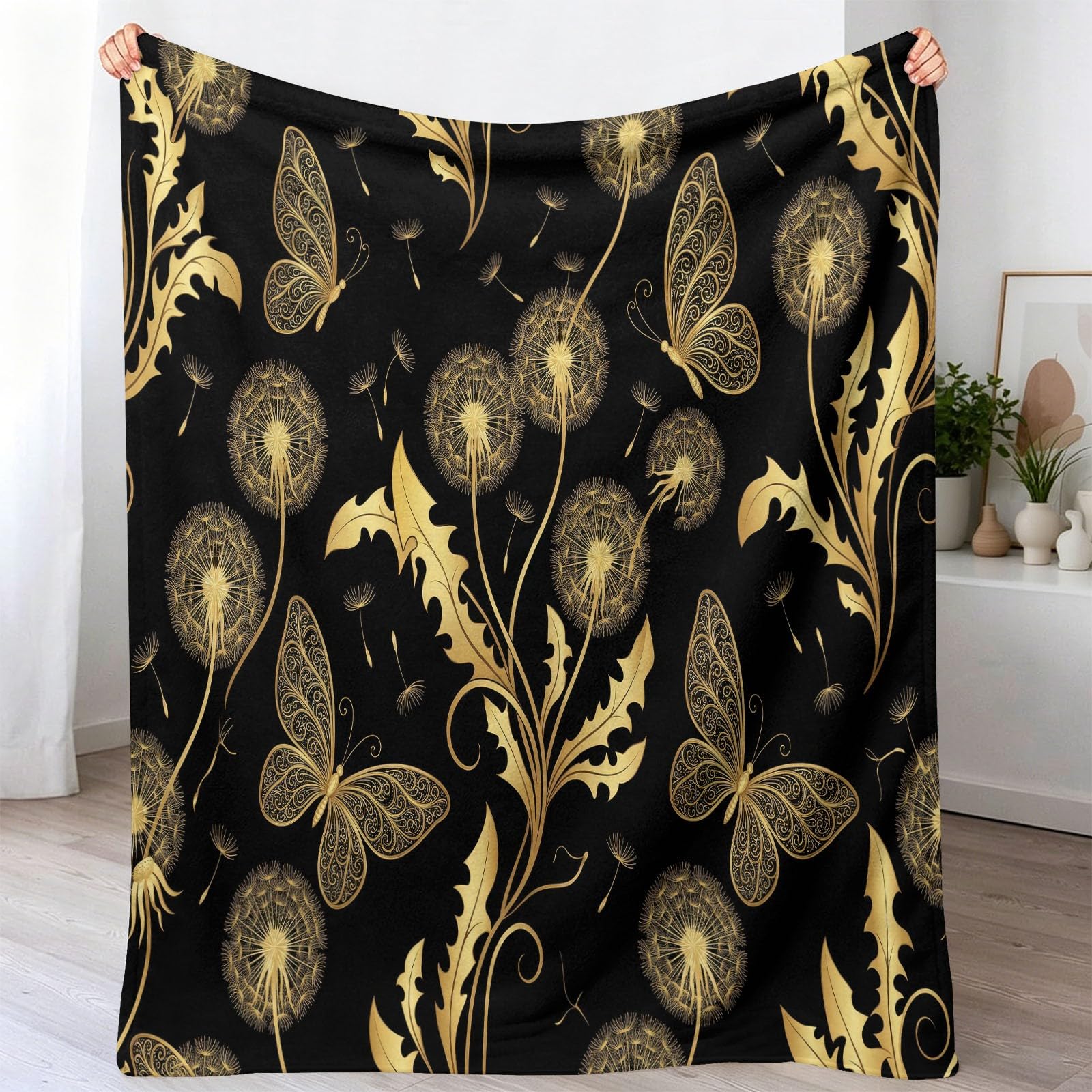 Kuscheldecke 180x220 cm Wohndecke - Vintage Pflanze Löwenzahn Flanell Decke, Flauschig Weich Warme Fleecedecke - Glamour Schmetterling Kinderdecke Schwarz Sofadecke, Geschenkidee für Jungen Mädchen