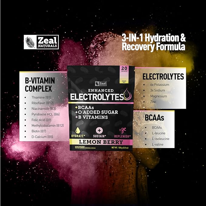 Enhanced Electrolyte Powder Stick Packs (Lemon Berry | 20 Packets) w/ 0 Sugar +BCAAs +B-Vitamins Electrolyte Supplement w Potassium Zinc & Magnesium for Hydration - Keto Electrolytes