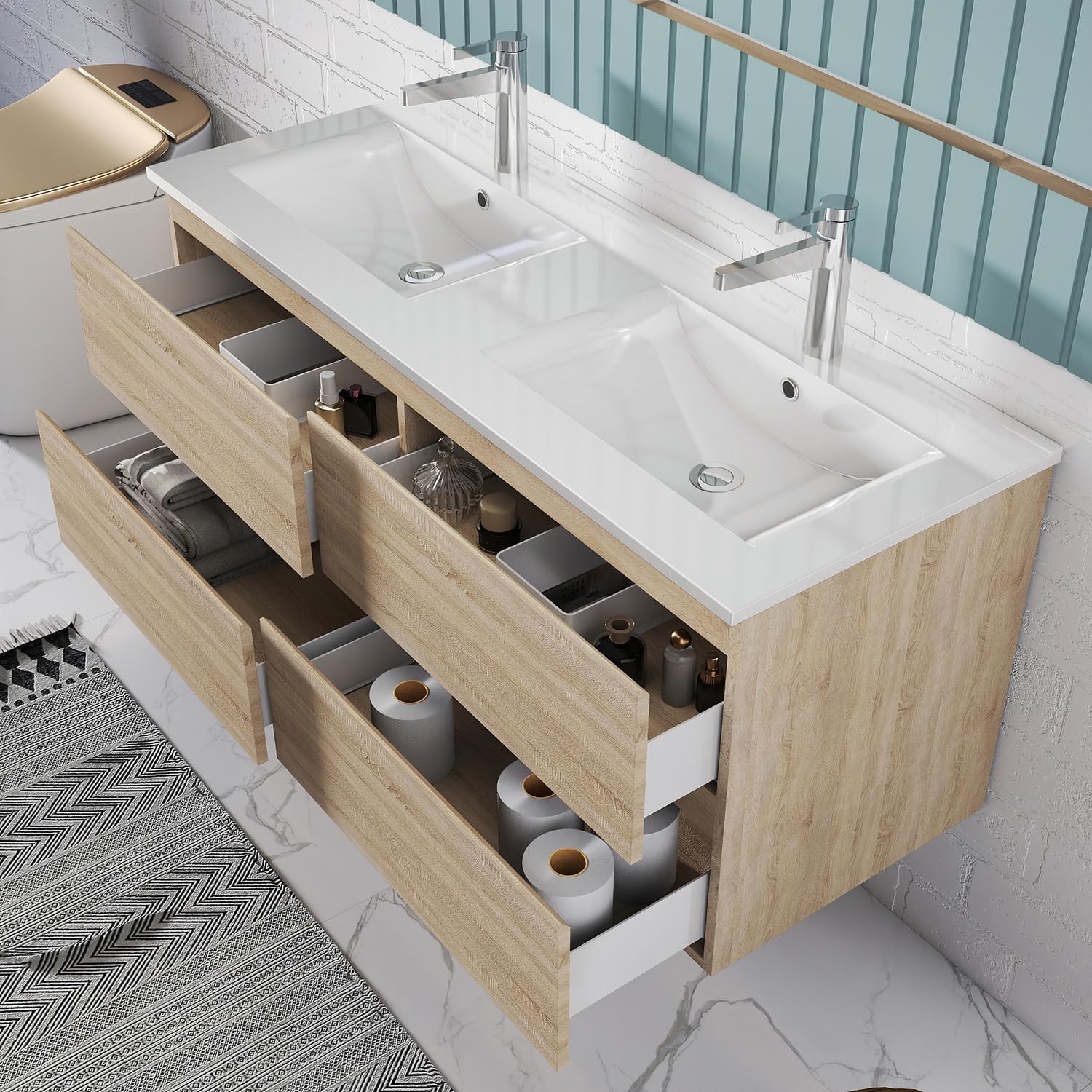 AICA Ensemble Salle de Bain Mural Meuble Double Vasque 120 cm avec Colonne