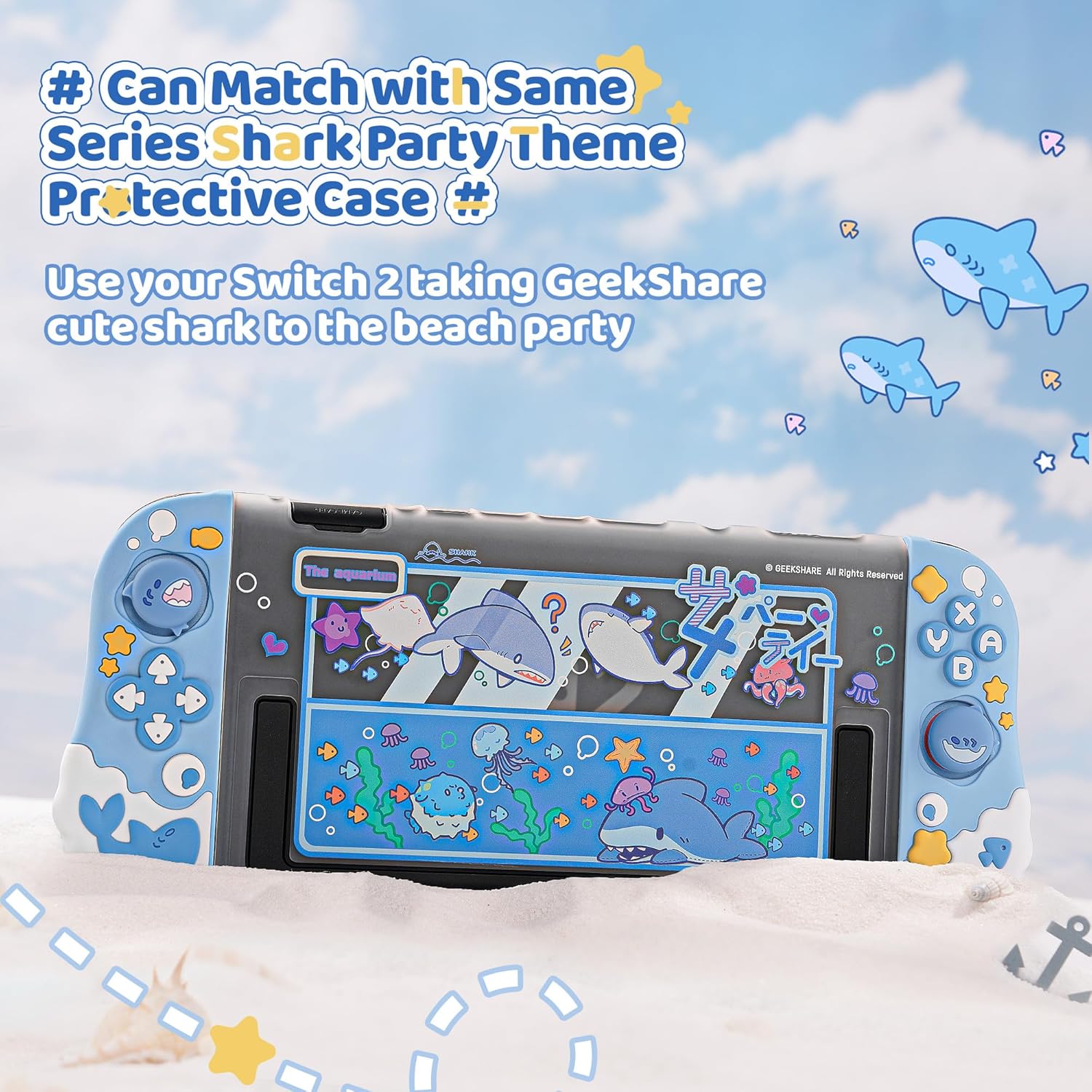 GeekShare Protective Case Compatible with Joy Con of Switch 2 Controllers,Silicone Switch Controller Skin, Anti-Slip Protective Case for Switch 2 (2025) with 2 Thumb Grips - Shark Party - Image 6