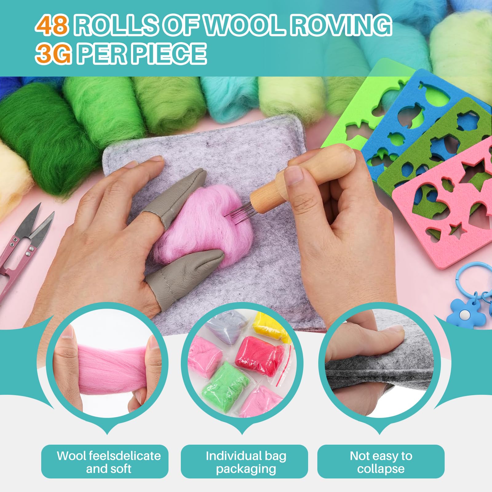 WenYa 200+Pcs Needle Felting Starter Kits, 48 Colours Needle Felting Wool and Needle Felting Pad, Included Needle Felting Tools and Storage Box, Wool Needle Felting Kits for Beginners DIY Craft Gifts - Image 3