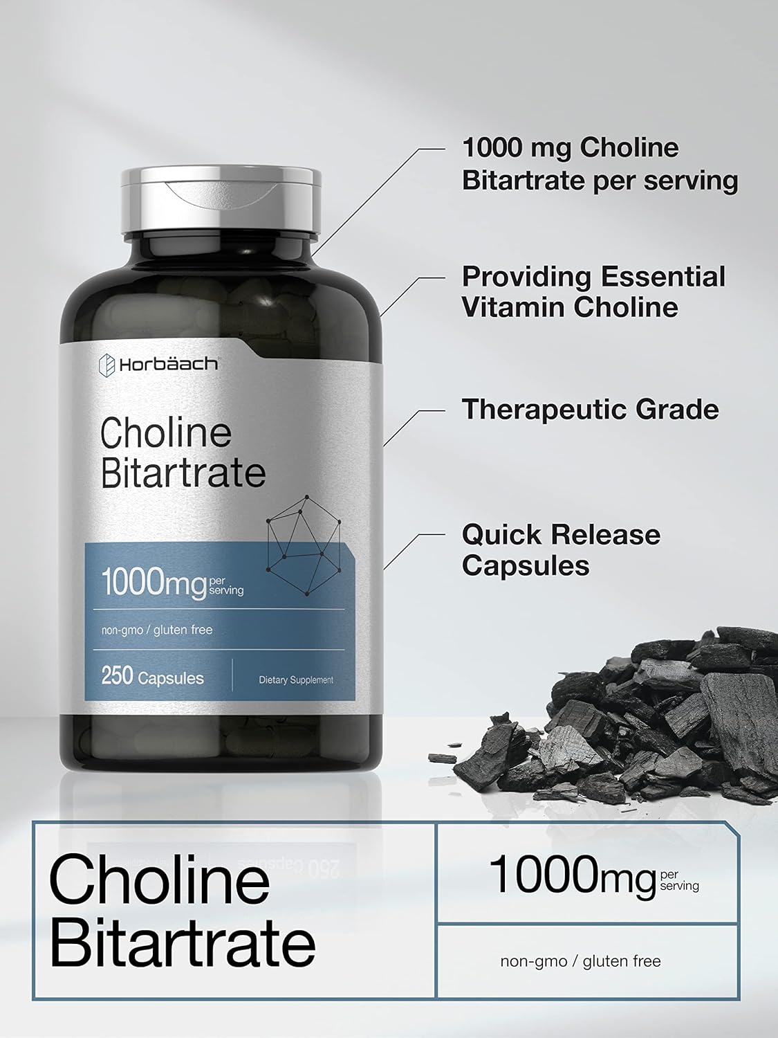 Horbaach Choline Bitartrate Supplement | 1000mg | 250 Capsules | High Potency | Non-GMO, Gluten Free - Image 3