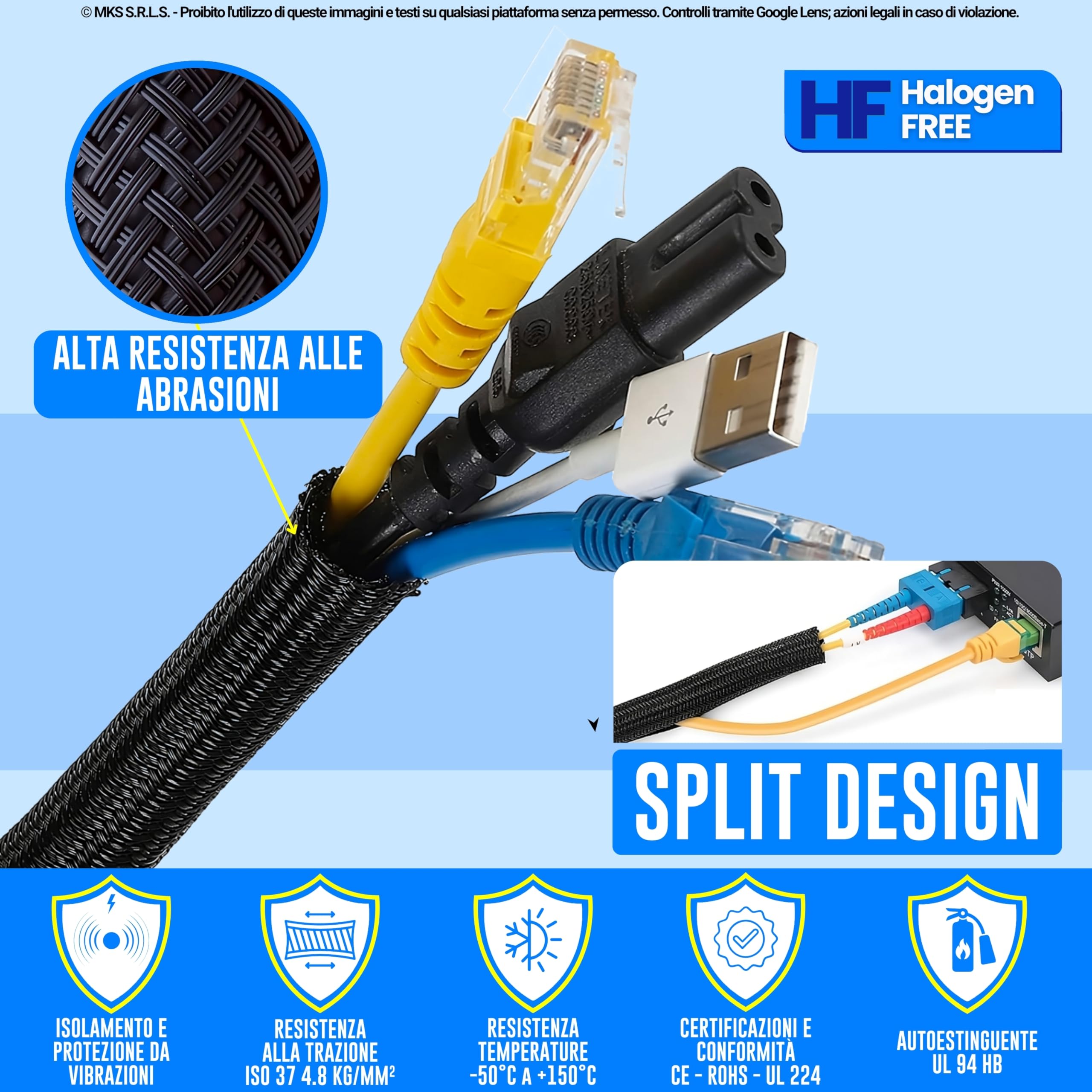 Guaina Cavi Auto-chiudente 13mm X 3.1m Nero - Organizzatore Cavi Per Casa Ufficio Auto