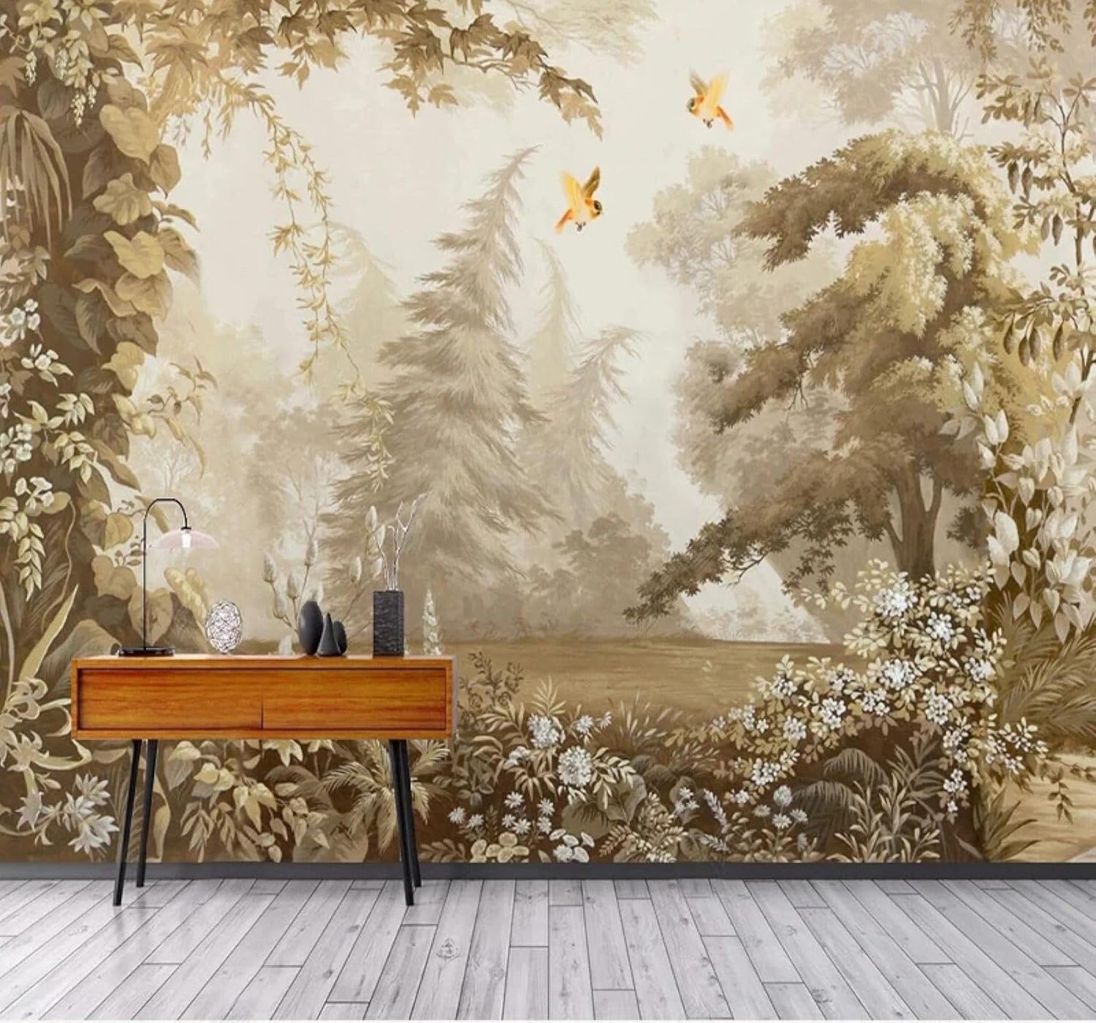 XLMING Retro Jungle Plants Birds Nature Scenery 3D Wallpaper Silky Texture Home Study Office Grey Dining Room Sofa Bedroom Living Room TV Backdrop-350cm×256cm