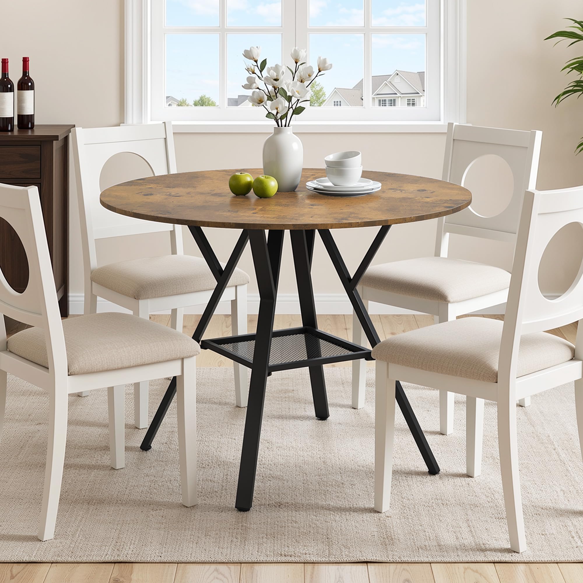 Tavolo da Pranzo Rotondo per 4-6 Persone, Tavolo da Cucina Industriale con Ripiano a Rete, Tavolo in Legno Salvaspazio per Sala da Pranzo e Cucina (Retrò, 100cm)