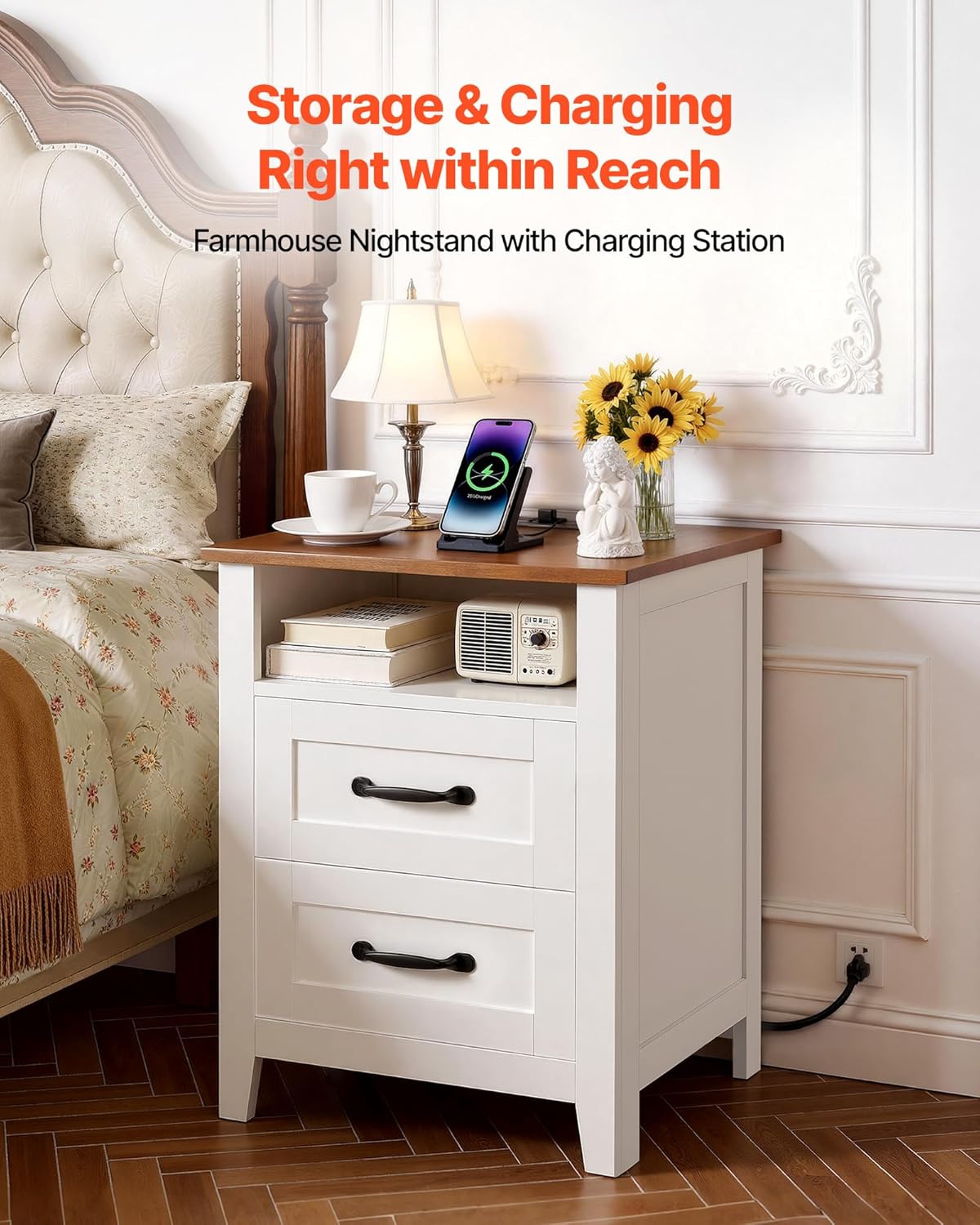 VEVOR Farmhouse Nightstand with Charging Station, 18" Wide End Table with 2 Drawers, Bedside Table, Rustic Side Table with Open Storage Shelf, USB/Type-C Ports, 6.5ft Cord, for Bedroom, White & Brown