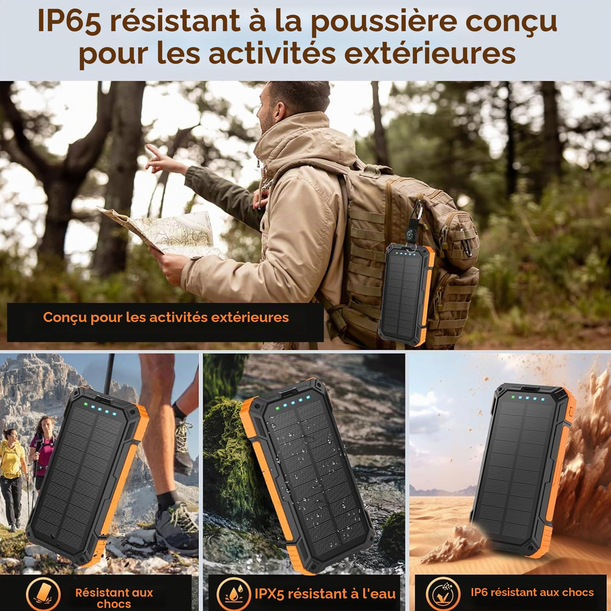 Super Power Bank Solar,Recharge sans Fil À 6 Ports 20 000 MAh+LED Haute Intensité+3 Ports De Recharge Rapide 22,5 W,Chargeur Solaire,Chargeur Portable,Batterie Solaire,pour Smartphone,Camping