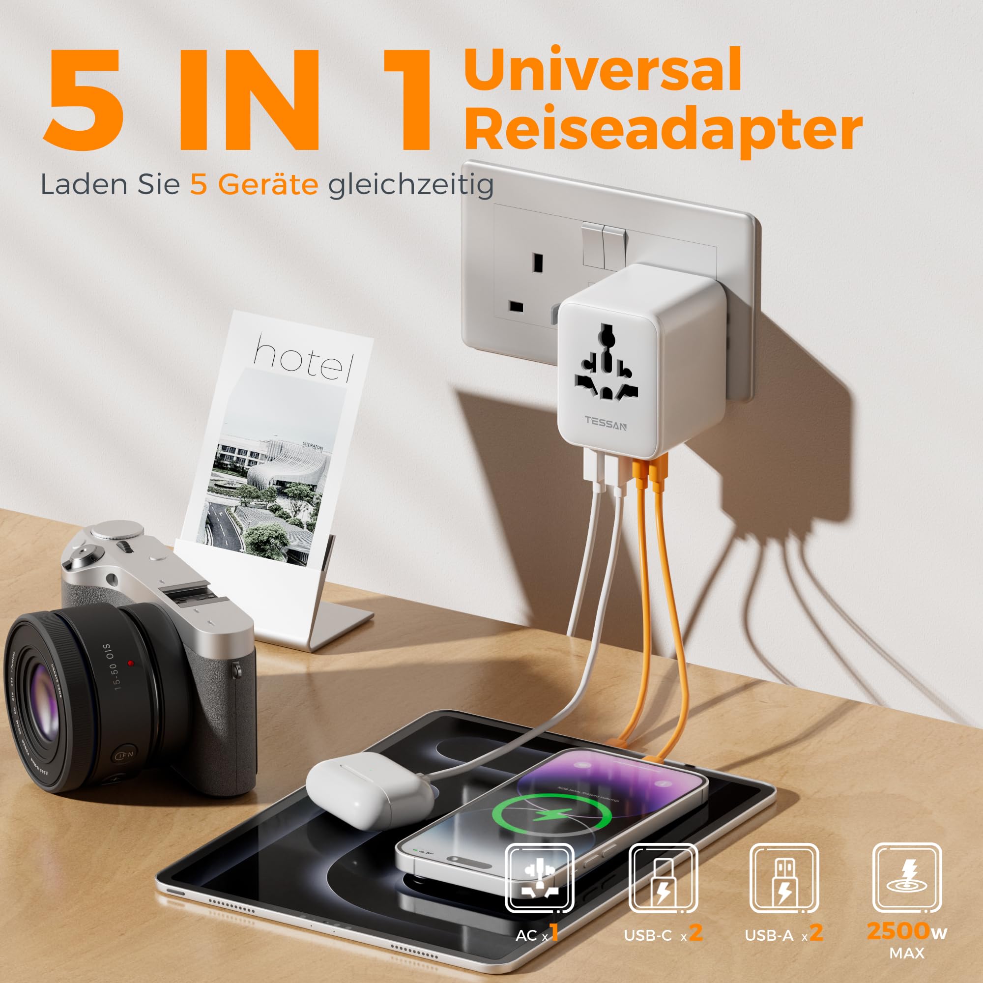 TESSAN Reiseadapter Weltweit mit 2 USB A und 2 USB C, Grau - Image 3