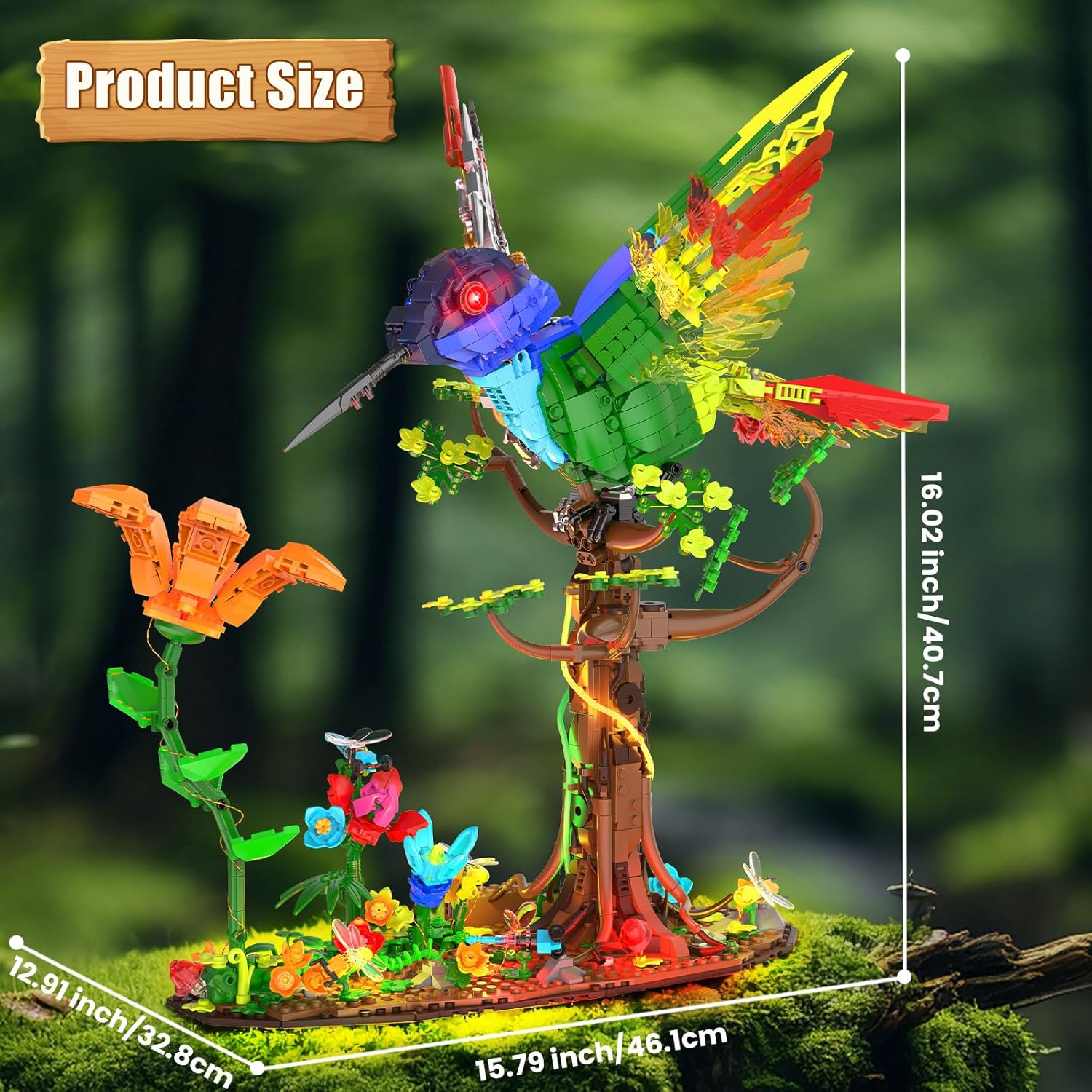Hummingbird Building Blocks Set for Adults Boys Girls (1704 Piece), Animals Bird + Flower Natural Jungle Model with Lights, Cool Mech Bird Home Decor Display Model, Creative Birthday Gifts