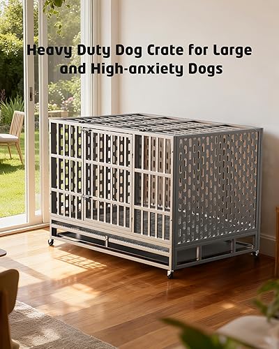 Miniatura 6 de Jaula de acero indestructible para perros de 48 pulgadas, resistente a prueba de escape, jaula de alta ansiedad para interiores de doble puerta, con