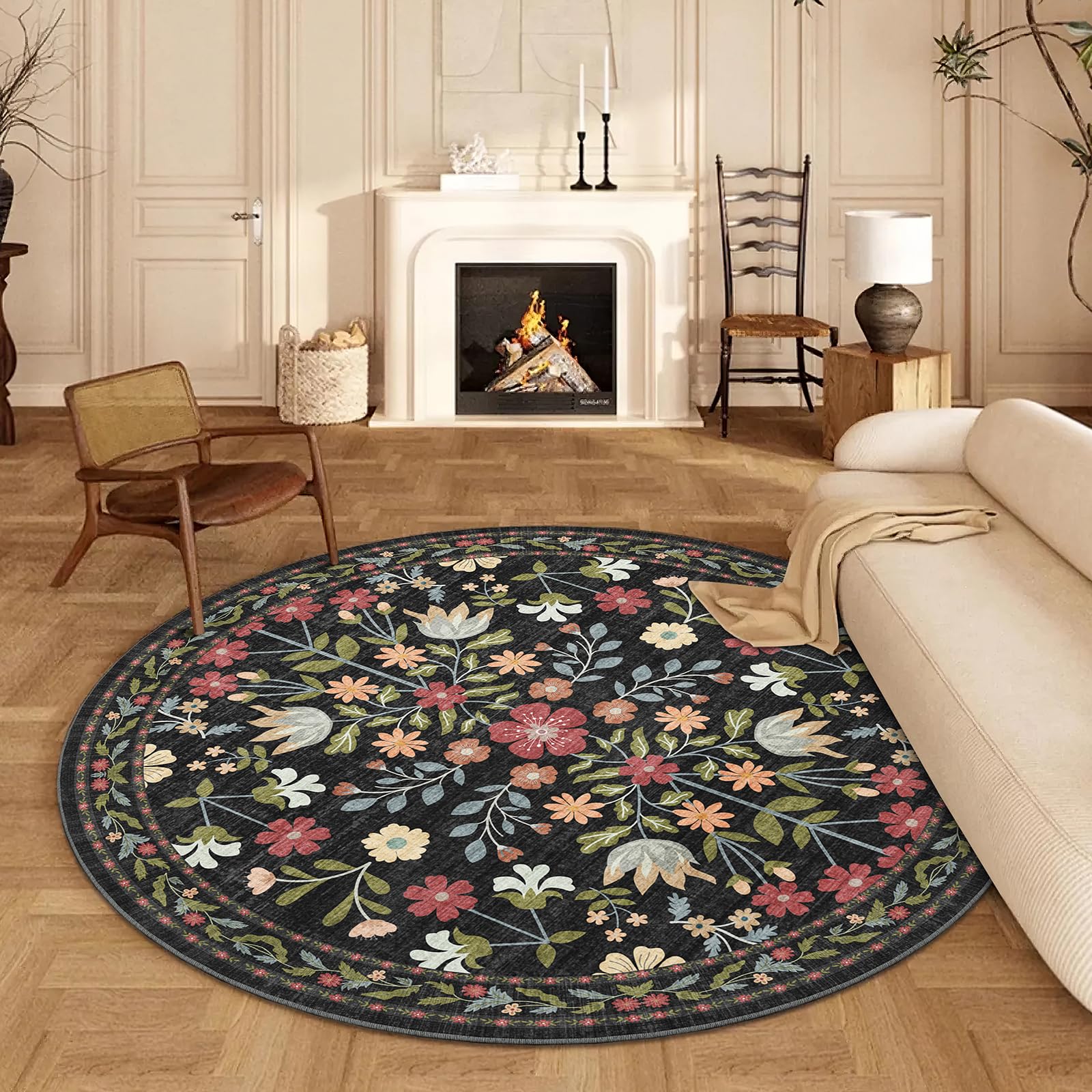 BYBSRLL Round Rug for Living Room 120cm, Vintage Rug Washable & Non-Slip Low Pile Circle Carpet, Soft Floral Circle Rugs for Bedroom, Boho Garden Rug Kitchen, Nursery, Entryway, Dinning Room, Black — image 1