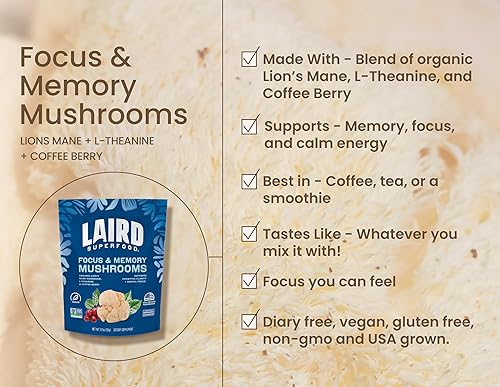 Miniatura 3 de Laird Superfood Mezcla orgánica de hongos Focus and Memory con melena de león, L-teanina y bayas de café, bolsa de 3.17 onzas, paquete de 1