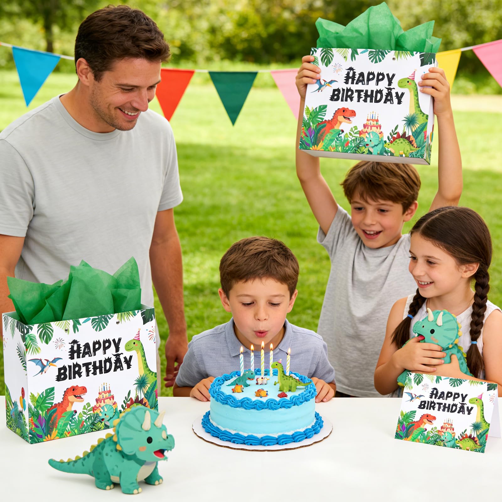 Lednica Dinosaur Happy Birthday Gift Bag with Tissue Paper, Envelop and Greeting Card, T-Rex Paper Gift Bags for Kids Boys Girls, Green Dino Party Favors Supplies, 11.8"x9.5"x5.3"