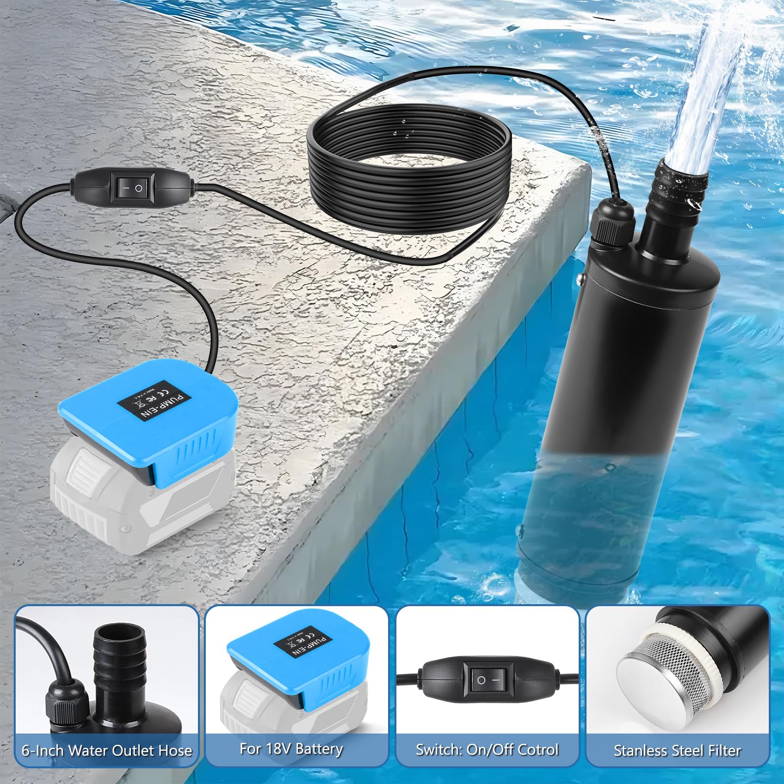 CPROSP Pompa Sommergibile Portatile, Compatibile con Batteria Bosch GBA da 18 V (Senza Batteria), 30L/min Pompa di Trasferimento, per Piscina, Giardino, Acquario, Stagni, Campeggio