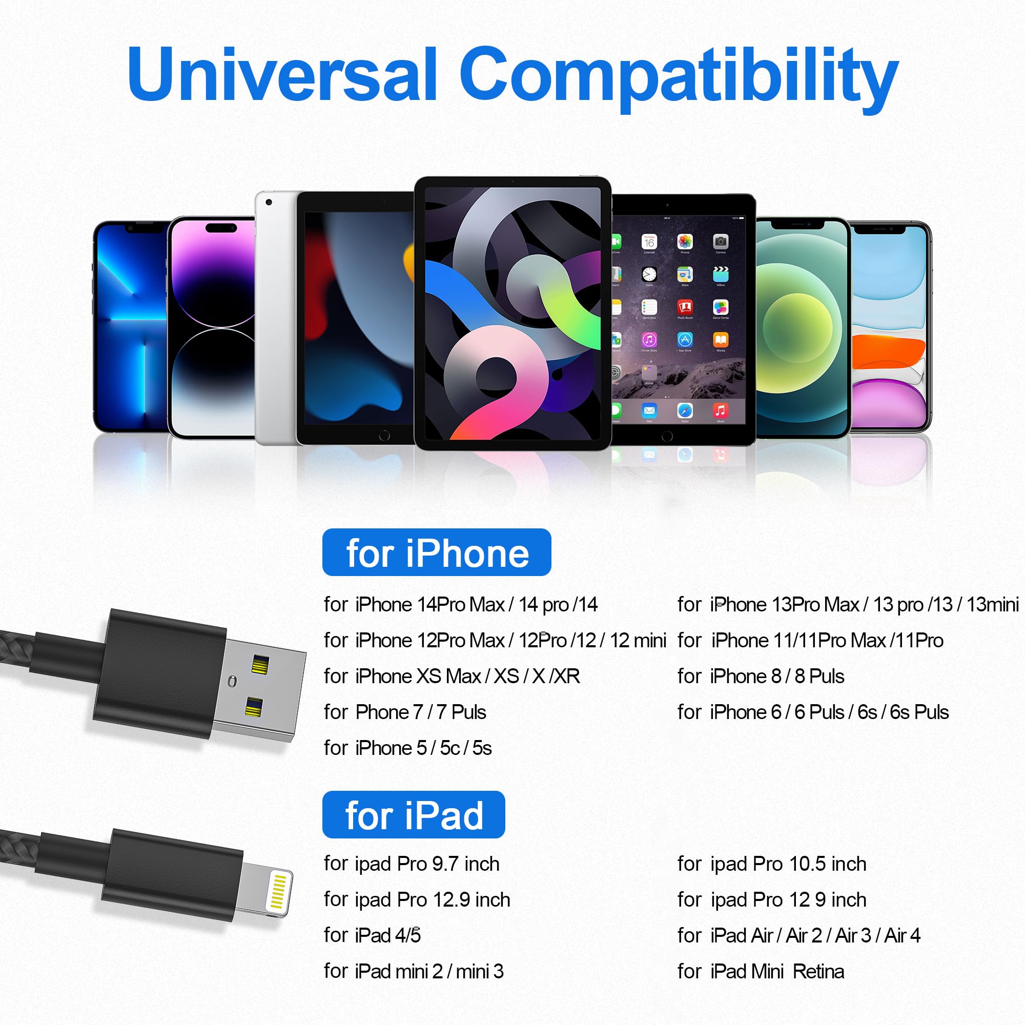 iPhone Charger Cable, 2Pack 1M+2M for Lightning to USB Cable MFi Certified, Fast Charging Braided Lead for Apple iPhone 14/13/12/11/Pro Max/XS/XR/8/7/6/Plus/5 SE, for iPad (Black) — view 7