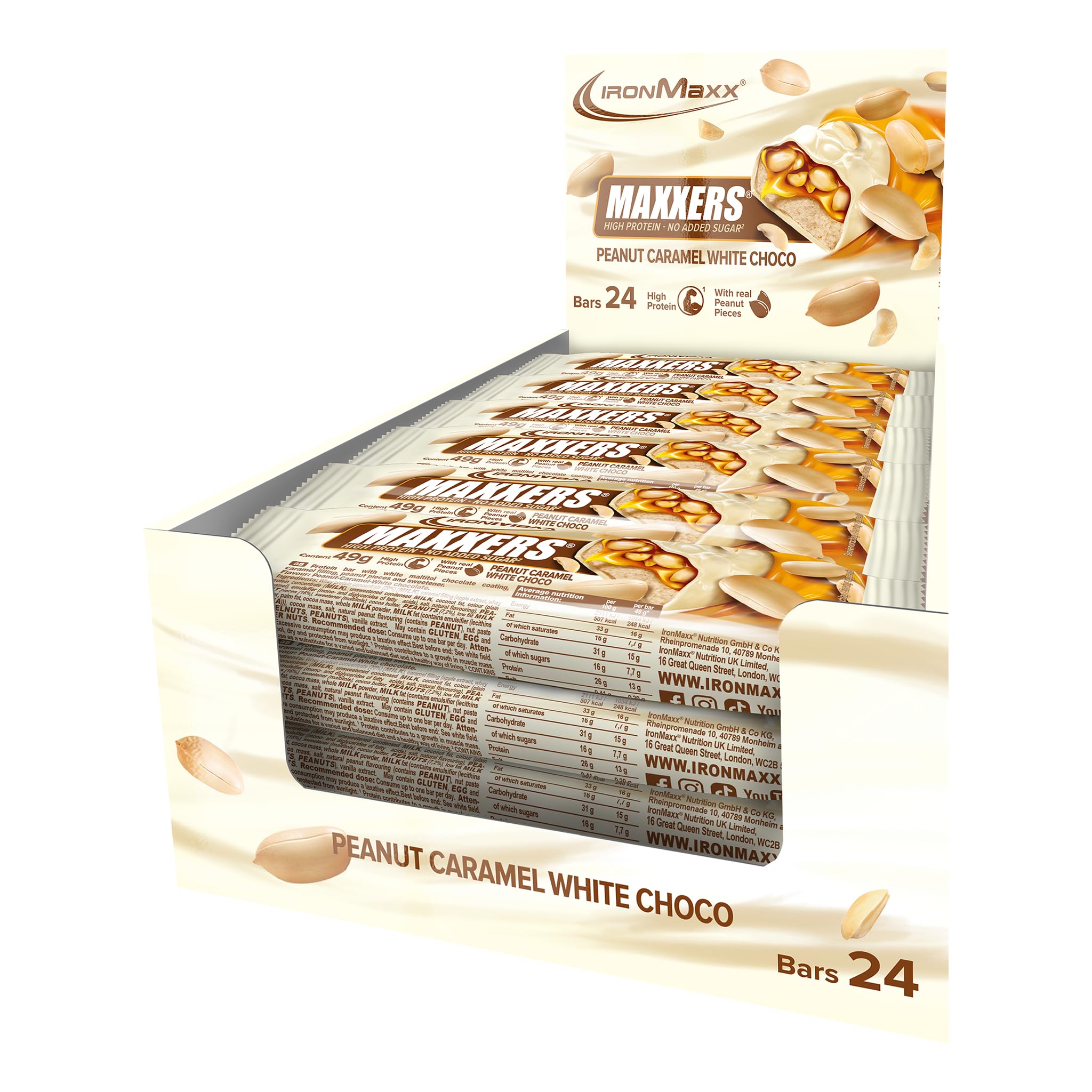 IronMaxx Maxxers Barrita de Proteína - White Choc-Peanut-Caramel 24x49g | Snack alto en proteínas con trozos de cacahuete reales | Sin azúcar añadido | Perfecto para llevar