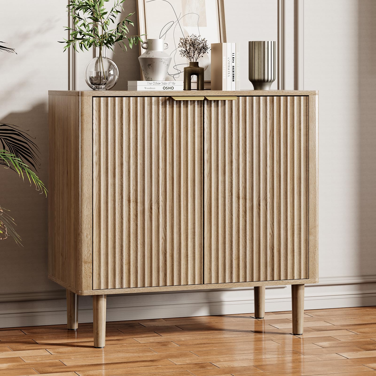 IKALIFE Small Sideboard Cabinet, Modern Fluted Sideboard with 2 Doors