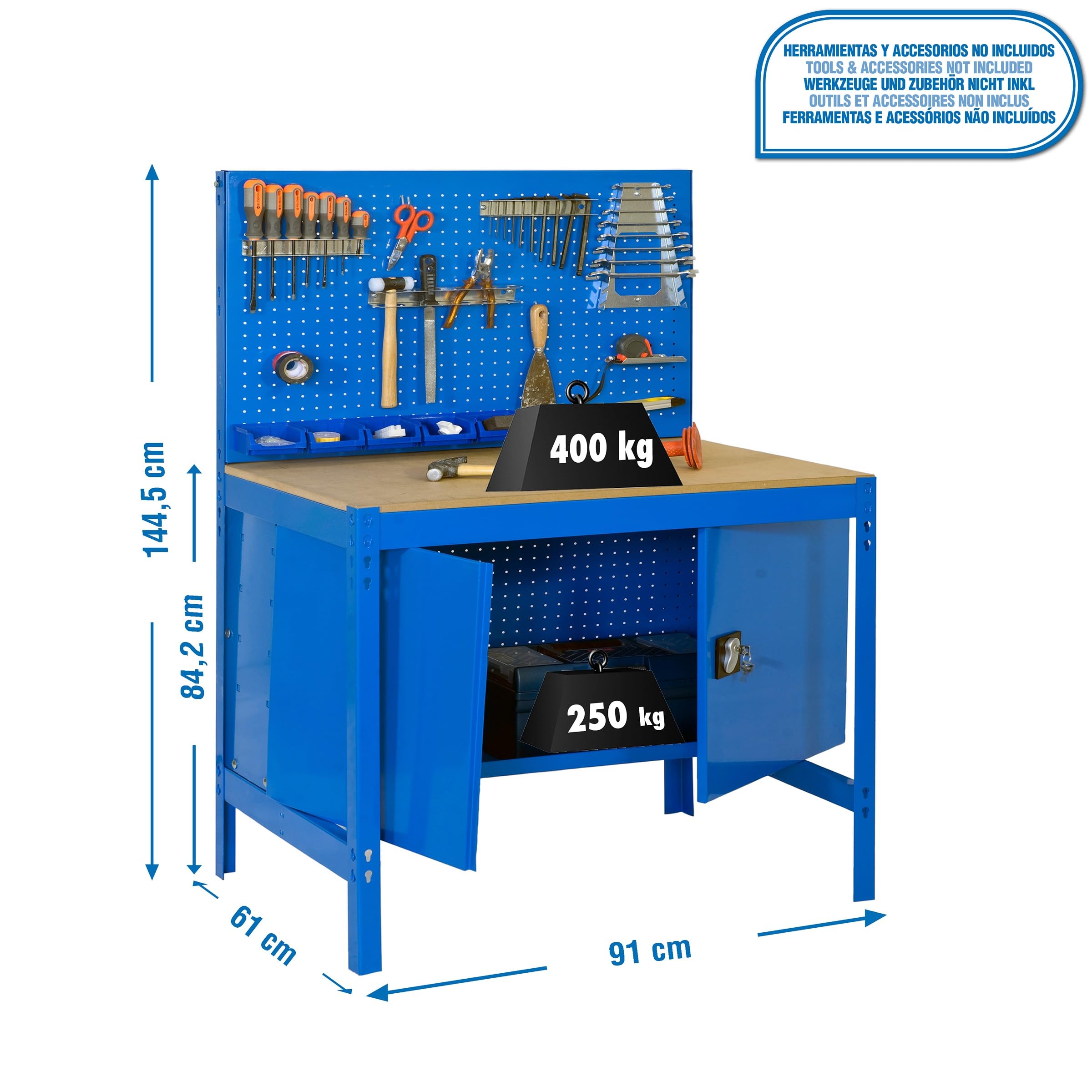 Simon Rack Banco de Trabajo con Panel Perforado y Cabina 910x610 mm - BT2 | Tablero madera 16 mm, Capacidad Carga 400 kg, Azul , Pintura anticorrosión, Montaje sistema clic