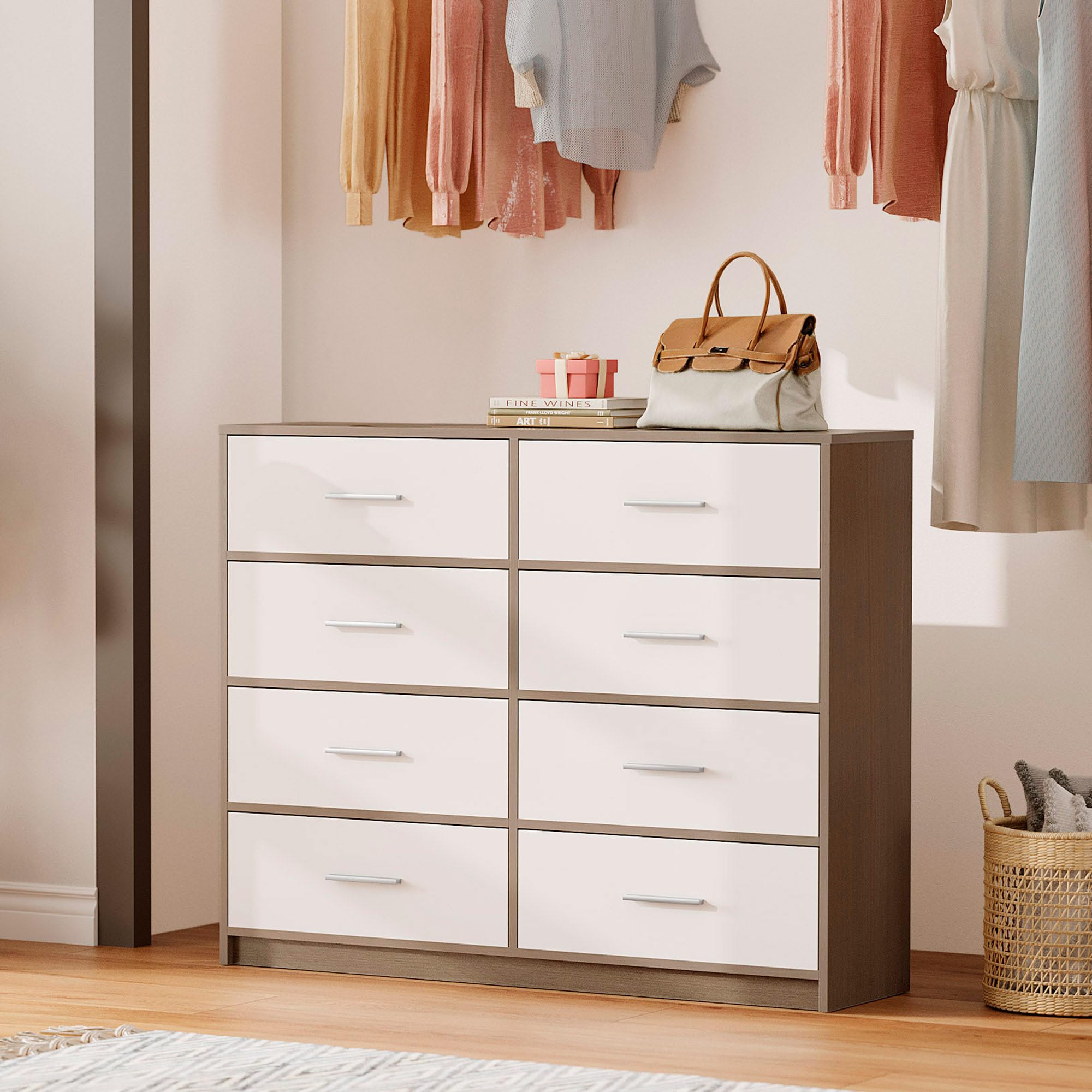 AKTIVE Max Home Cómoda dormitorio multiusos, Gris y blanco, 8 cajones de tela ligeros, 114x30x92 cm, Estructura madera, Sistema de almacenaje, Organización hogar, Decoración, Mueble vestidor (18416)