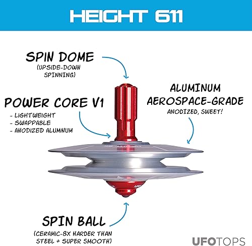 Miniatura 2 de Tops OVNI - Altura 611  Top giratorio de metal  Inspirado en el incidente OVNI de la Unión Soviética de 1986  Cuerpo OVNI de aluminio plateado