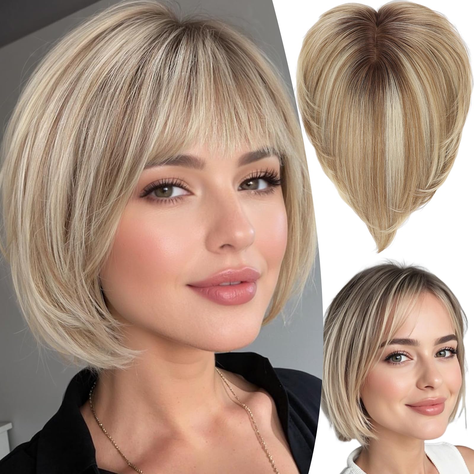 HAIRCUBE 10-Inch Human Hair Topper for Women – 6.5x6.5 Inch Silk Base,Ombre Blonde with Brown Side-parted Short Bob with Bangs – Thinning Hair Solution, Covers