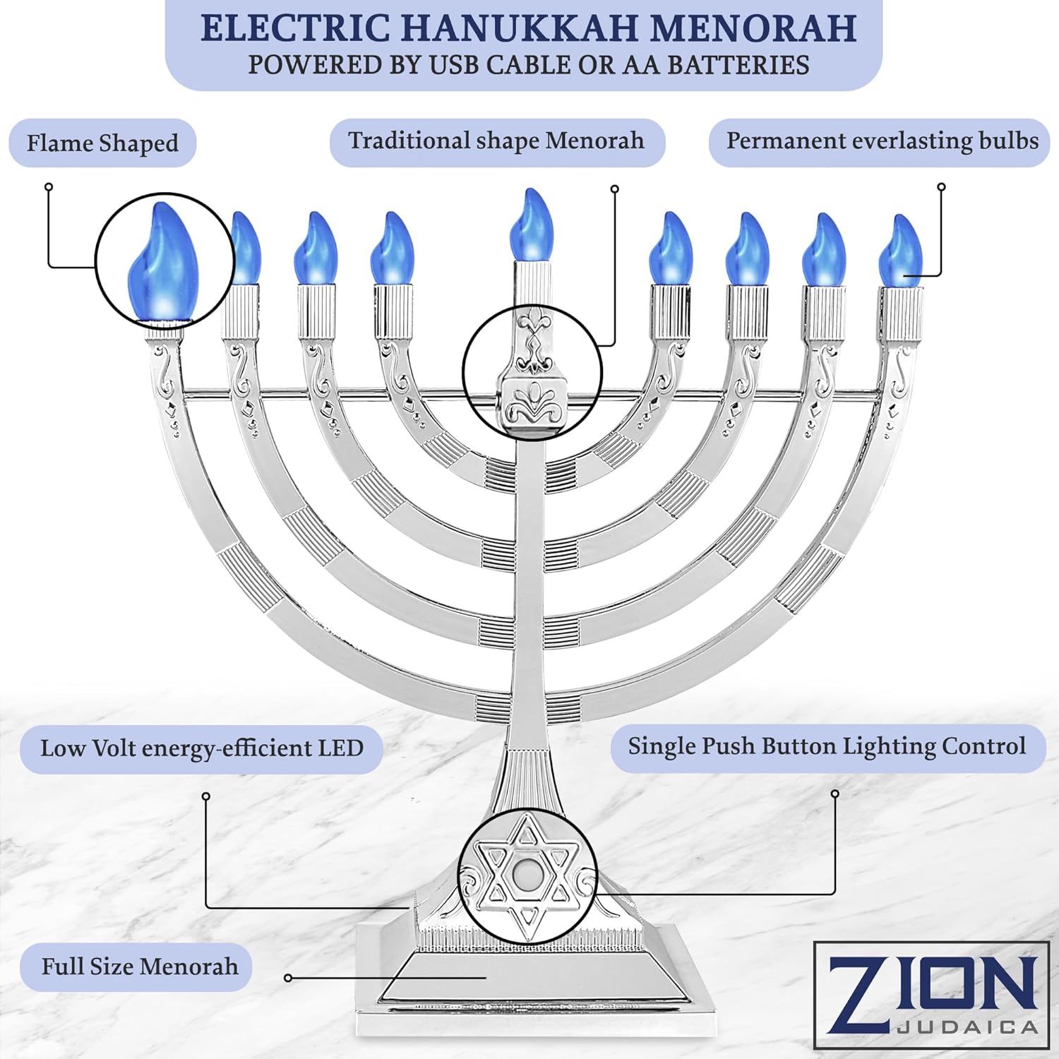 Zion Judaica 12" LED Chanukah Menorah with Flame Shaped LED Bulbs Electric Menorah USB Powered or Batteries Electronic Minorah - 4' Cable Included Hanukkah Battery Menorahs Silver