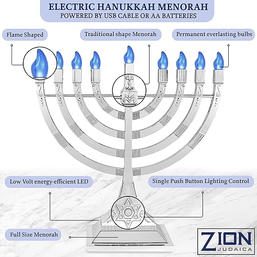 Miniatura 6 de Zion Judaica 12" LED Chanukah Menorah with Flame Shaped LED Bulbs Electric Menorah USB Powered or Batteries Electronic Minorah - 4' Cable Included
