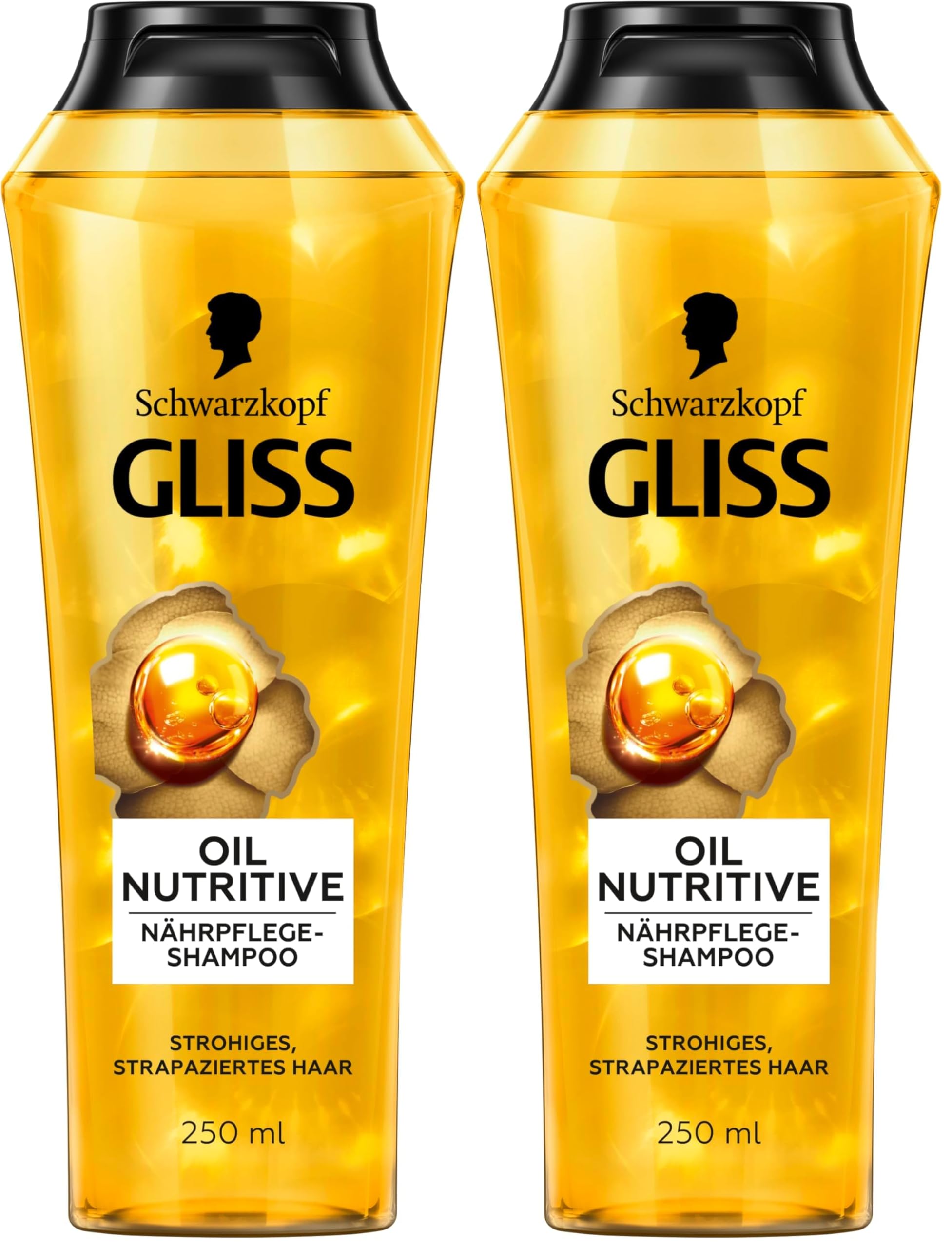 Gliss Shampoo Oil Nutritive (250 ml), Haarshampoo mit Omega 9 & Marula-Öl, Pflegeshampoo für strohiges Haar & strapaziertes Haar sorgt für Geschmeidigkeit und Glanz (Packung mit 2)