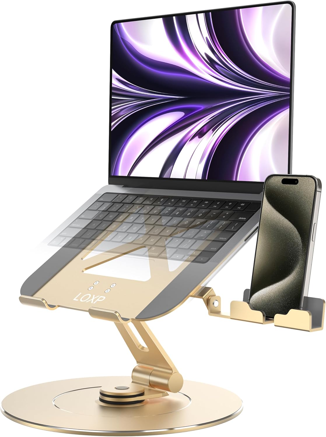 ultra-stable aluminumy swivel laptop stand for desk with rotating foldable phone holder, 300% large base stability, anti-loosening,suitable for 10"-17.3" laptops, champagne golden