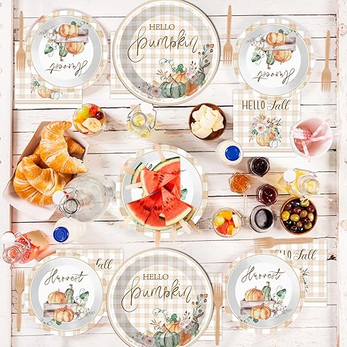 Miniatura 6 de 100 piezas de suministros para fiesta de Acción de Gracias, platos de calabazas de otoño en acuarela, servilletas a cuadros, juego de vajilla de