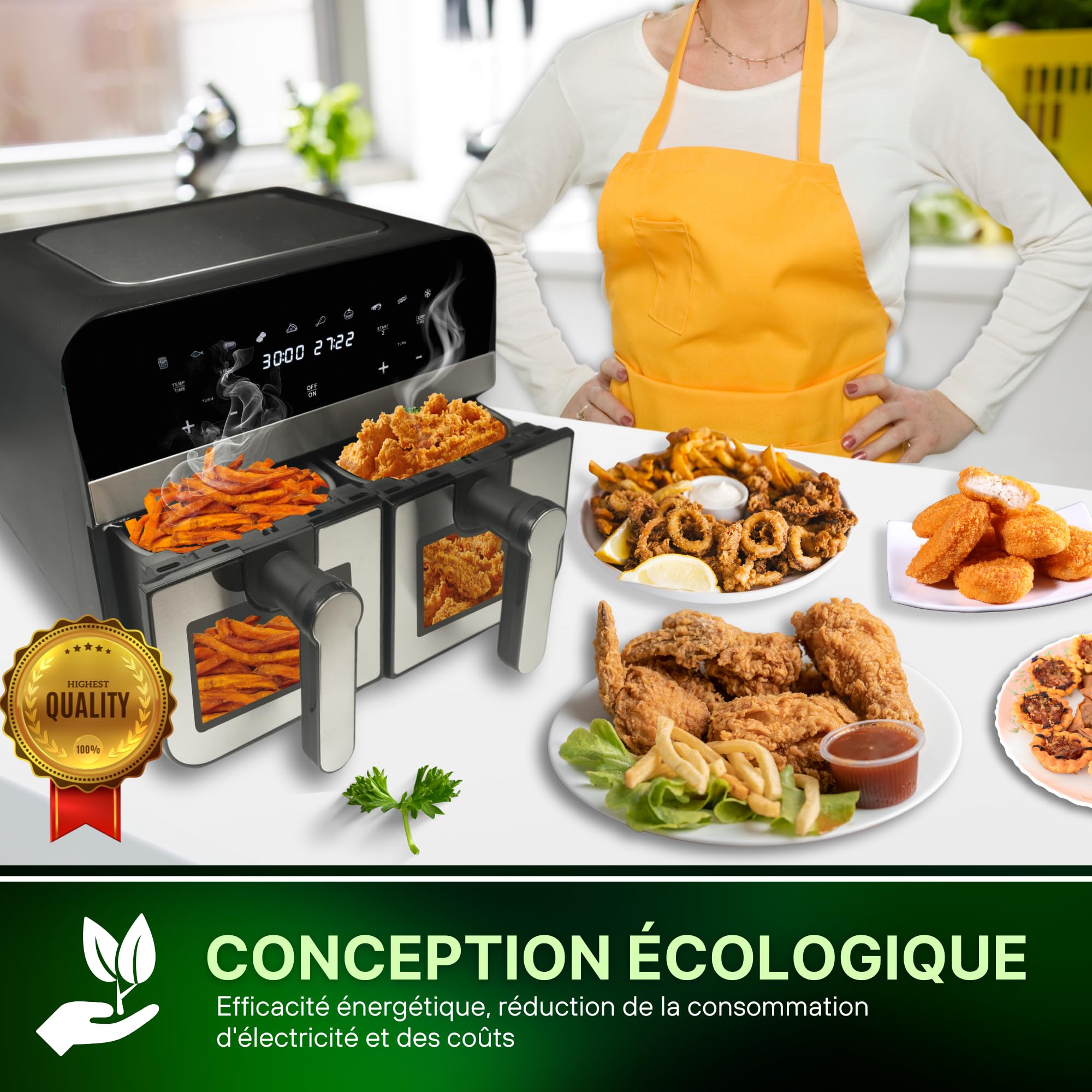 Comfy Nest,CNAFD45WS, varmluftsfritös, Air Fryer, digital dubbelkorg 2400W med fönster 9L, hälsosam och snabb matlagning, modern design, perfekt för alla kök - Grå