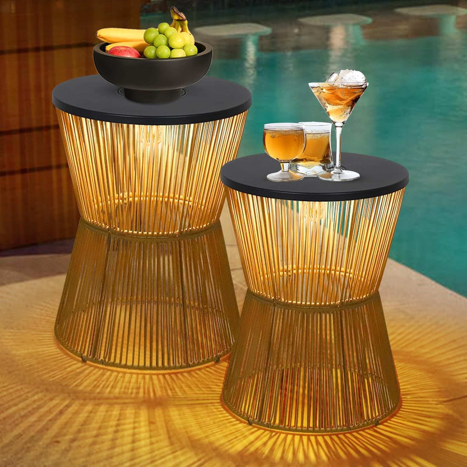HMVPL Solar Outdoor Side Table Set of 2 with Dimmable Dusk-to-Dawn Light, Weatherproof Plastic Rattan Round Patio End Tables for Poolside Backyard Gazebo
