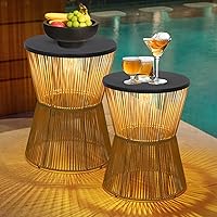 HMVPL Solar Outdoor Side Table Set of 2 with Dimmable Dusk-to-Dawn Light, Weatherproof Plastic Rattan Round Patio End Tables for Poolside Backyard Gazebo