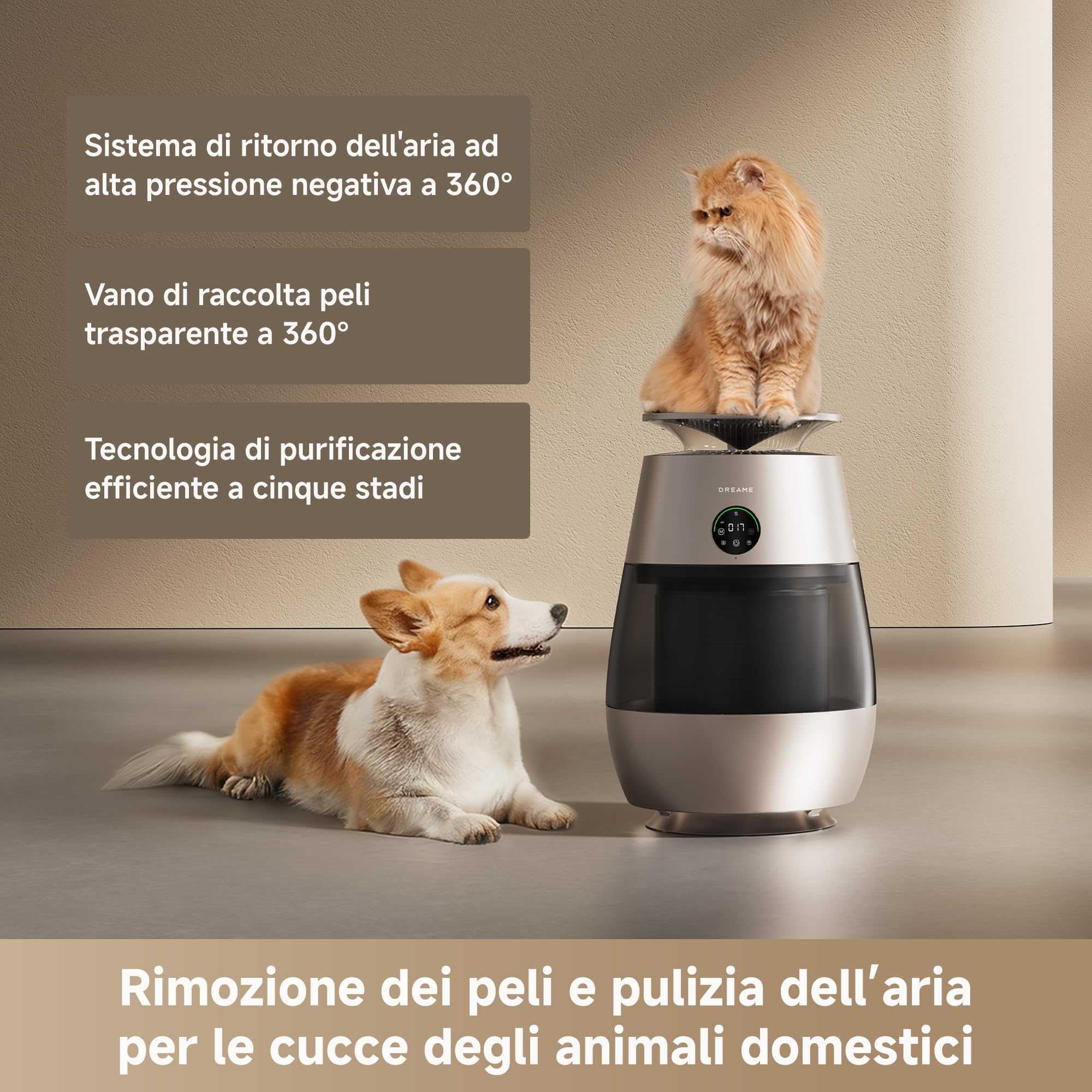 DREAME AP10 Pet Purificatore d'Aria Sistema di Ritorno dell'aria ad Alta Pressione Negativa a 360°, La Purificazione in 5 Stadi Cattura i Peli e Gli Odori, Scomparto Trasparente