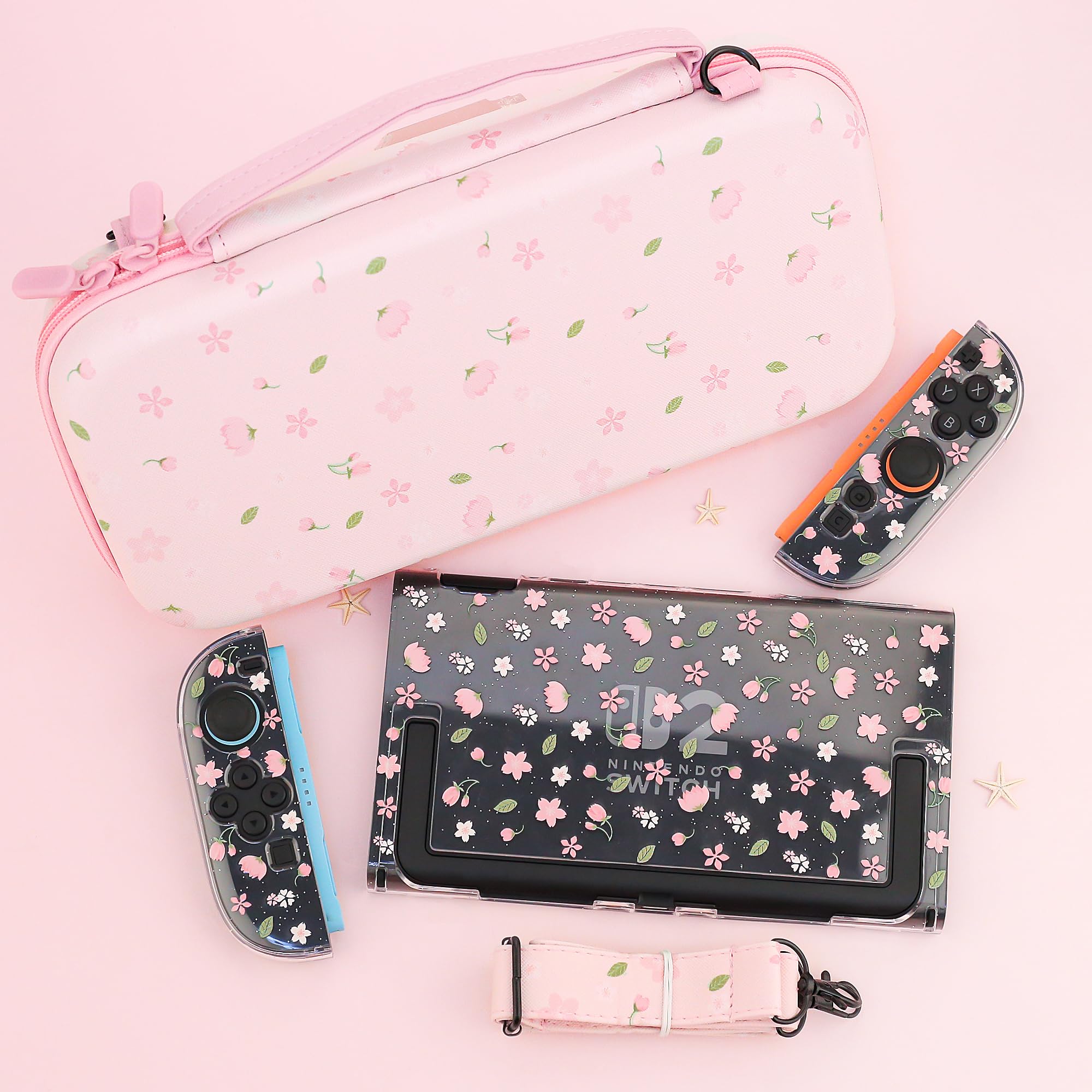 FANPL Custodia da trasporto carina per Nintendo Switch 2, kit di accessori per interruttore rosa con custodia rigida da viaggio con motivo floreale, cover Sakura glitterata, cinturino regolabile