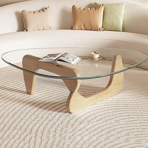 Mesa de centro para sala de estar, mesa de centro de cristal con patas de madera, mesa de centro moderna de mediados de siglo, mesa central única