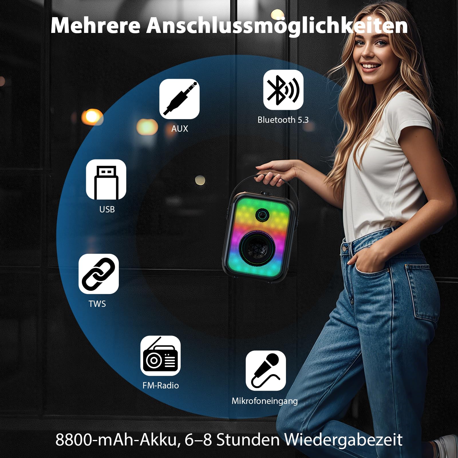 Karaoke Maschine für Erwachsene mit 2 kabellosen Mikrofonen, tragbarer Bluetooth-Lautsprecher mit Stereo-Kopplung, Bassregelung, LED-Beleuchtung und Unterstützung für FM/USB/AUX | Tragbarer Bluetooth-Lautsprecher mit Bass-Anpassung, LED, unterstützt FM/US