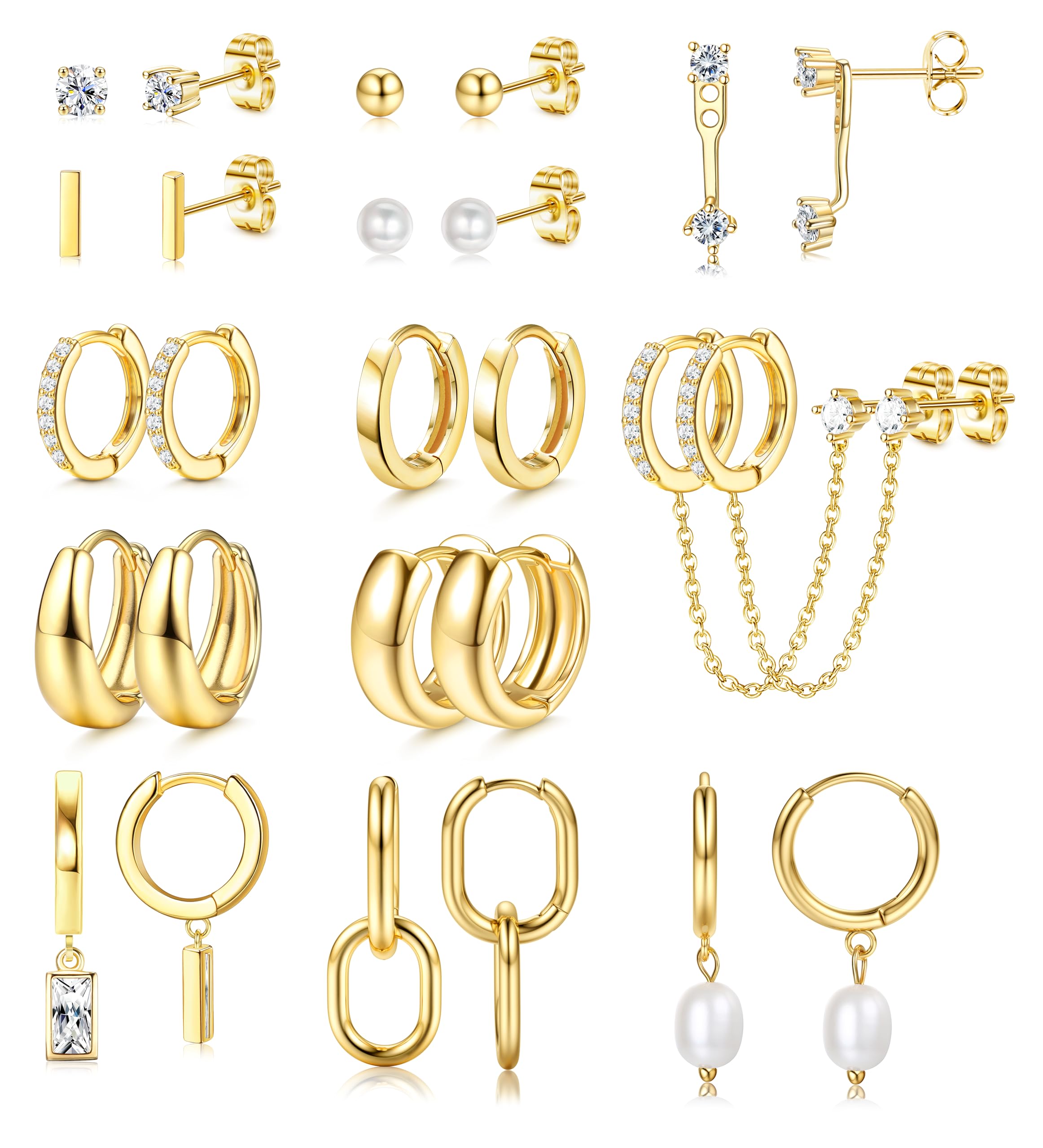 13 Pairs Small Stud Hoop Earrings Set for Women Hypoallergenic Gold Plated Huggie Hoops Pearl Dainty Lightweight Earrings for Gift