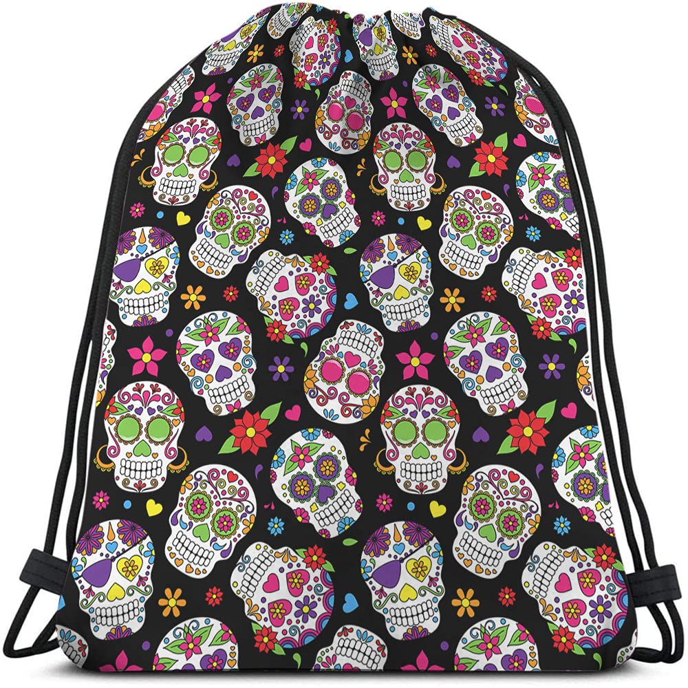 BeabesMexican Sugar Skull Drawstring Backpack - Dead Of The Dead Colorful Skeleton Flowers Heart Pattern - Sport Gym Sack Drawstring Bag - Yoga Bag for Men Women