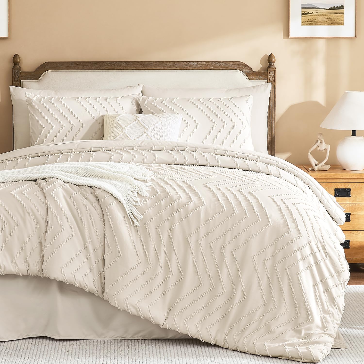 Litanika Oversized Queen Comforter with Sheets Beige, 7 Pieces Boho Bed Set
